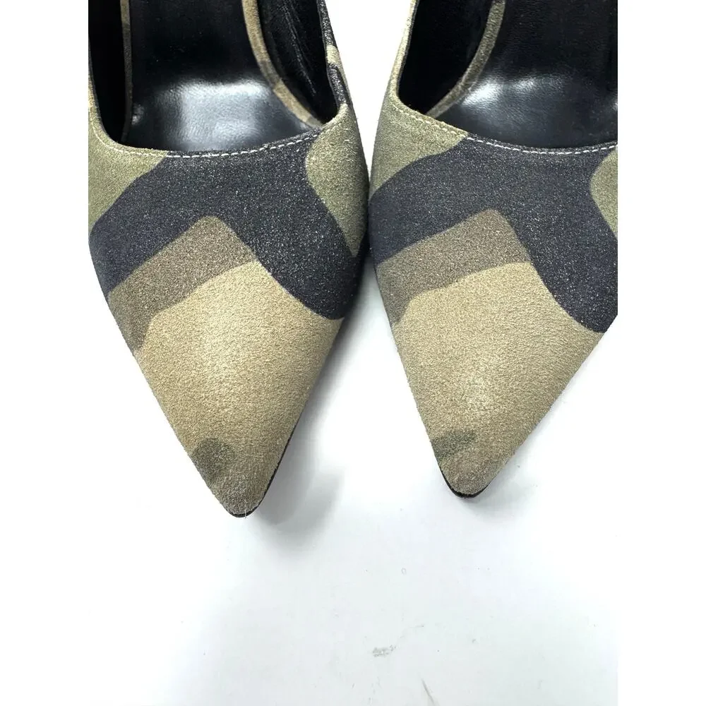 Saint Laurent Camouflage Khaki Suede Pumps Heels Sz 37.5 Pointed Toe Stiletto - Picture 3 of 13